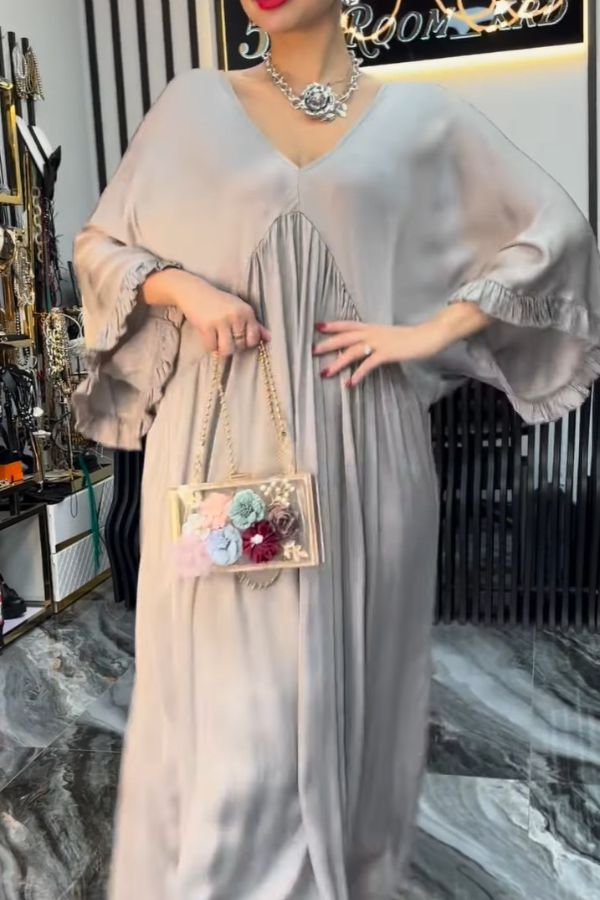 Satin Solid Color V-neck Lotus Leaf Sleeve Loose Pleated Maxi Dress