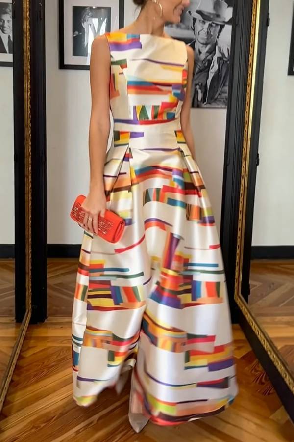 Off-Shoulder Sleeveless Open Back Color Geometric Stripe Satin Full Maxi Gown Dress