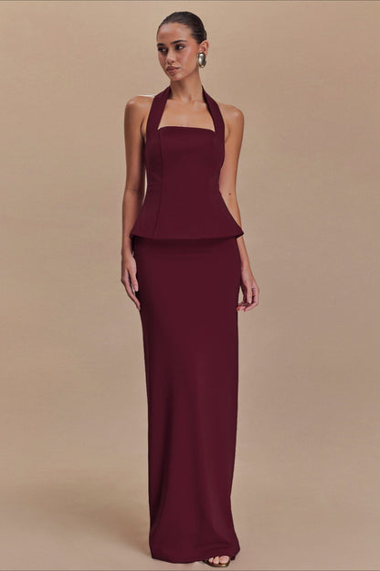 Solid Halter Backless Maxi Formal Dress