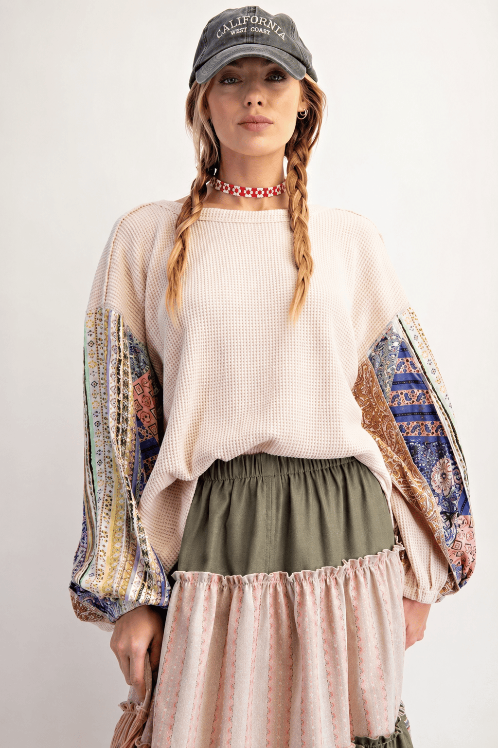 Waffle Knit Patchwork Sleeve Sweatshirt