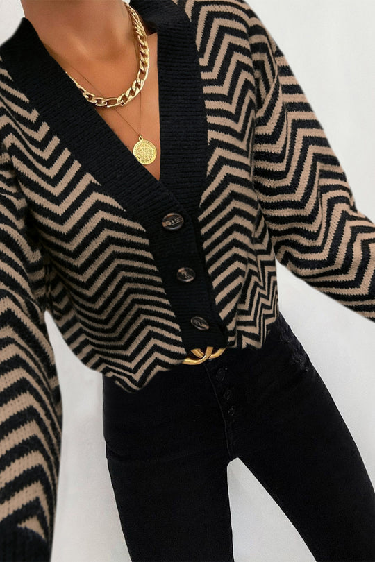 Long Sleeve V Neck Open Front Striped Knit Cardigan Sweaters