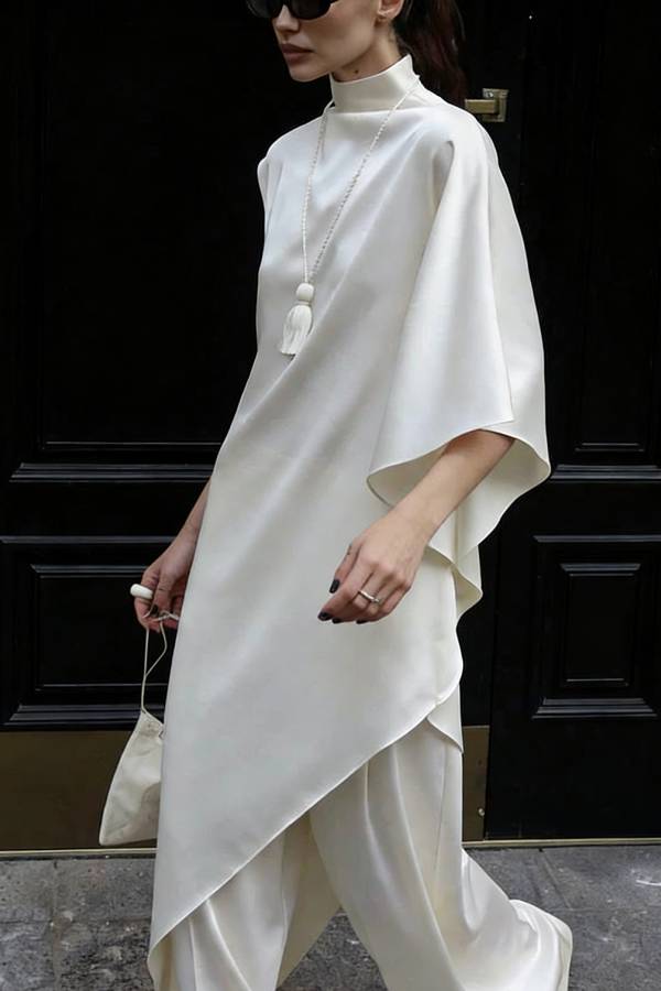 Kallena Satin High Neck Irregular Sleeves Midi Top and High Rise Pocket Loose Pants Set