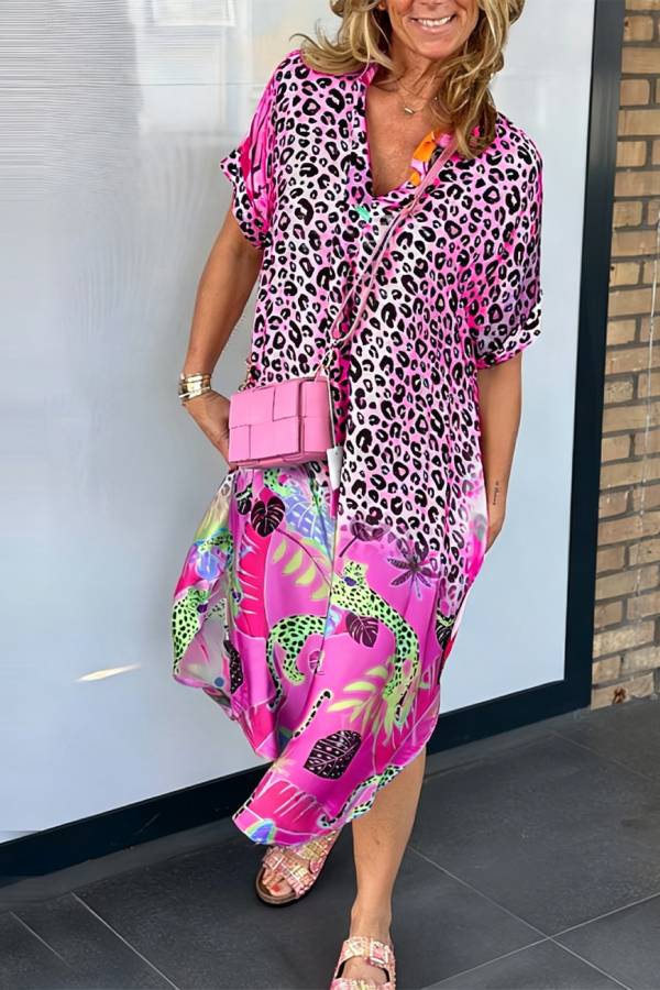 Gradient Leopard Print Tropical Floral Loose Dress
