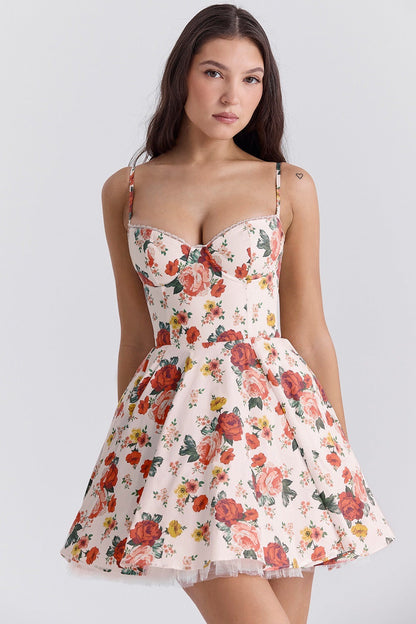 Satin Strap Tulle Puff Lace Trim Mini Floral Dress