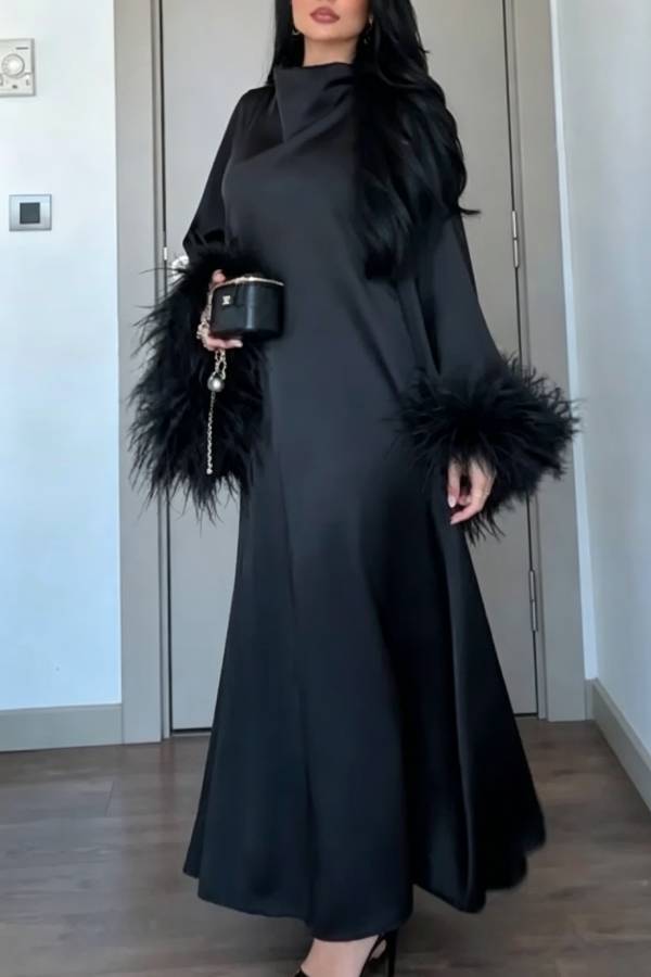 Nadina Satin Cowl Neck Long Feather Trim Sleeve Loose Maxi Dress