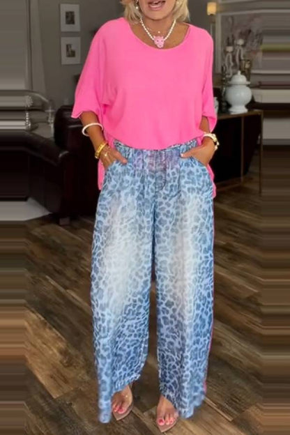 Solid Batwing Sleeve Top & Gradient Blue Leopard Wide Leg Pant Two-Piece Set