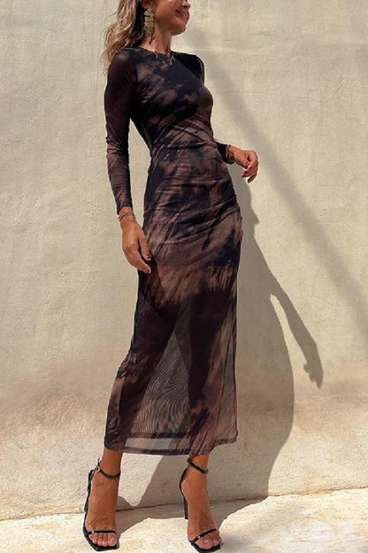Abstract Tie Dye Print Ruched Side Slit Long Sleeve Midi Dress