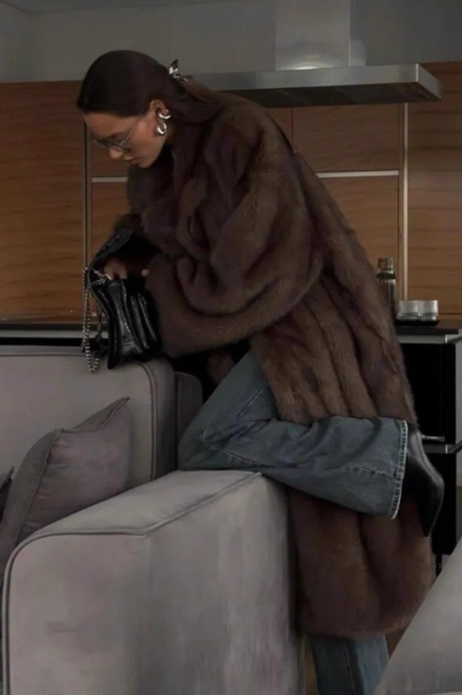 Retro Faux Fox Fur Notched Lapel Long Overcoat