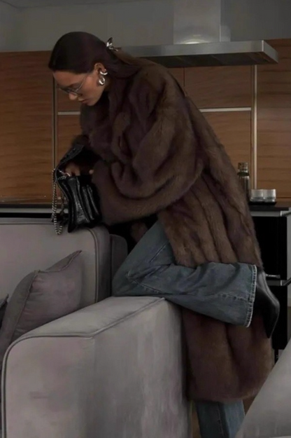 Retro Faux Fox Fur Notched Lapel Long Overcoat