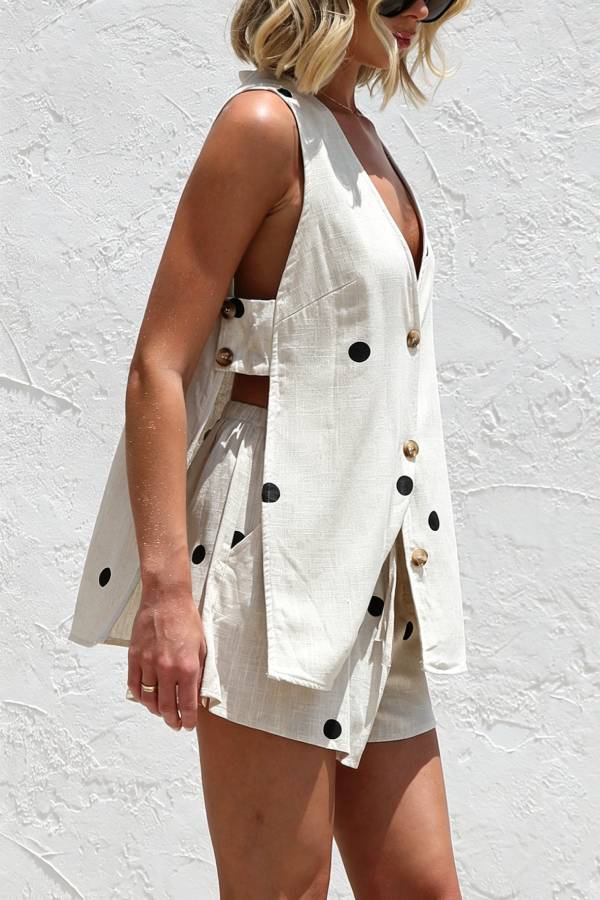 Vacation Polka Dot V-Neck Sleeveless Vest & Drawstring Shorts Set