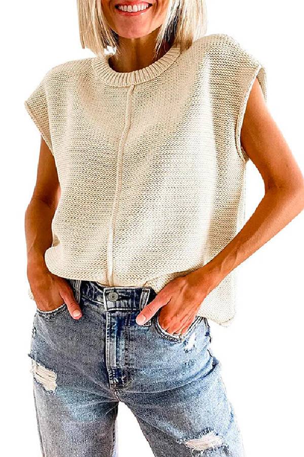 Crewneck Cap Sleeves Pullover Sweater
