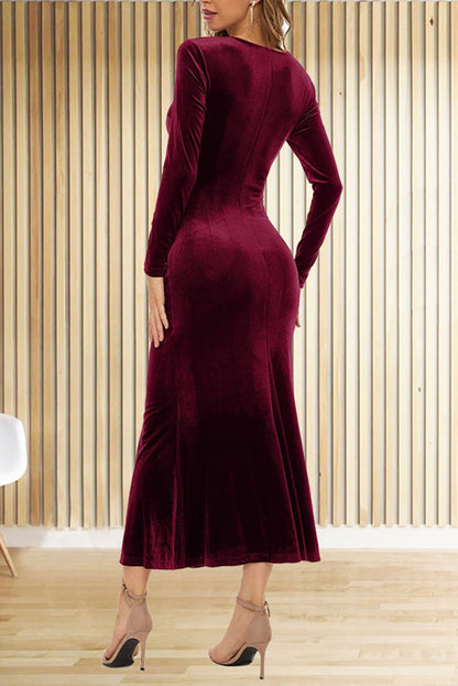 Velvet Wrap Deep V-Neck Ruched Side Long Sleeve Maxi Dress