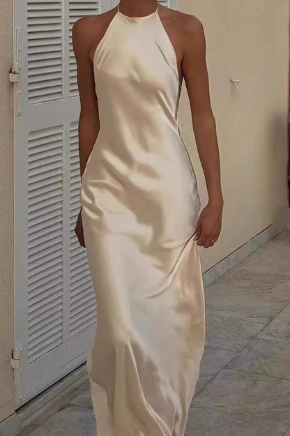 Satin Halter Neck Bias Cut Backless Slip Formal Maxi Dress