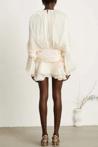 Ninah Glitter Fabric Pleated Balloon Sleeve Tiered Ruffle Hem Mini Dress