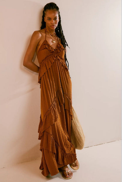 Solid Color V Neck Backless Strappy Boho Dress