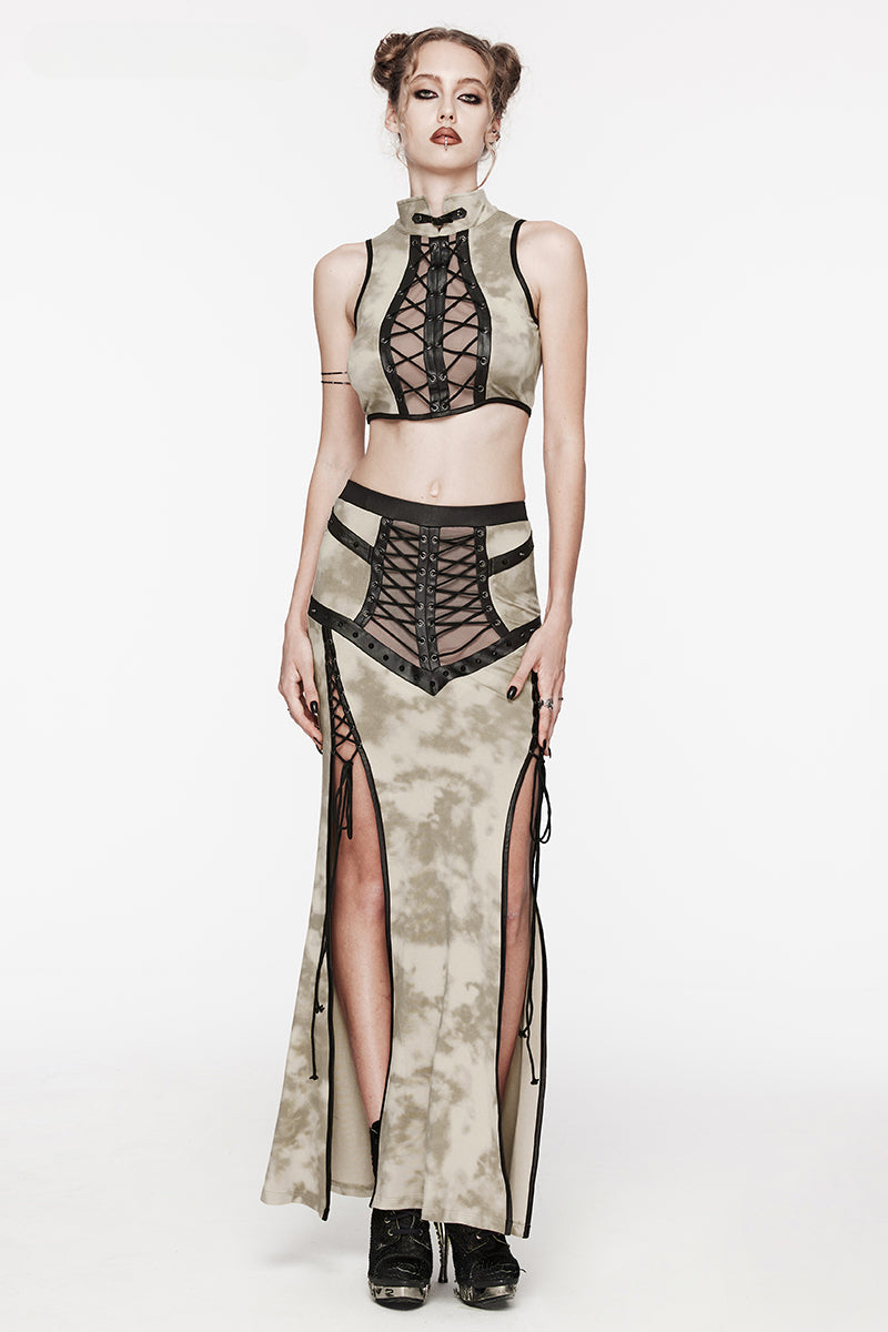 Women's Daily See-through Mesh Drawstring Rope Slit Gothic Personalized Long Skirt