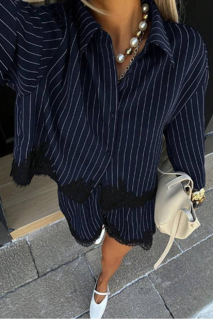 Satin Pinstripe Eyelash Lace Trim Shirt & High Waist Shorts 2 Piece Lounge Set