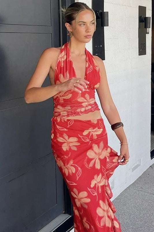 Halter Deep V Ruffle Patchwork Cutout Long Floral Dress