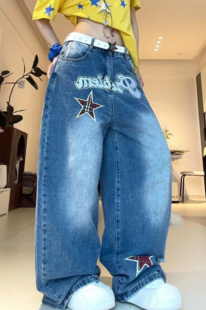 Retro Star Letter Appliqué Barrel Leg Jeans