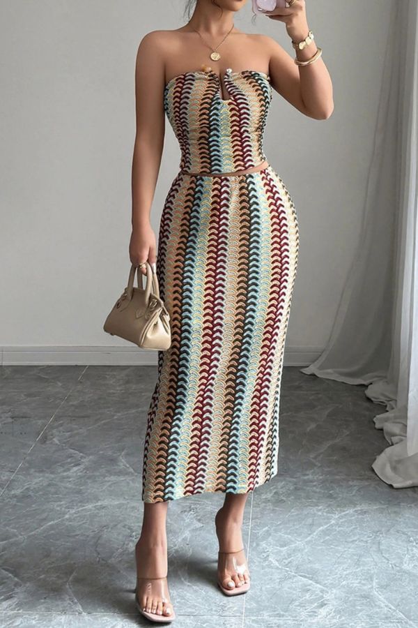 Playful Colorful Knitted Sexy Tube Top and Elegant Back Slit Midi Skirt Set