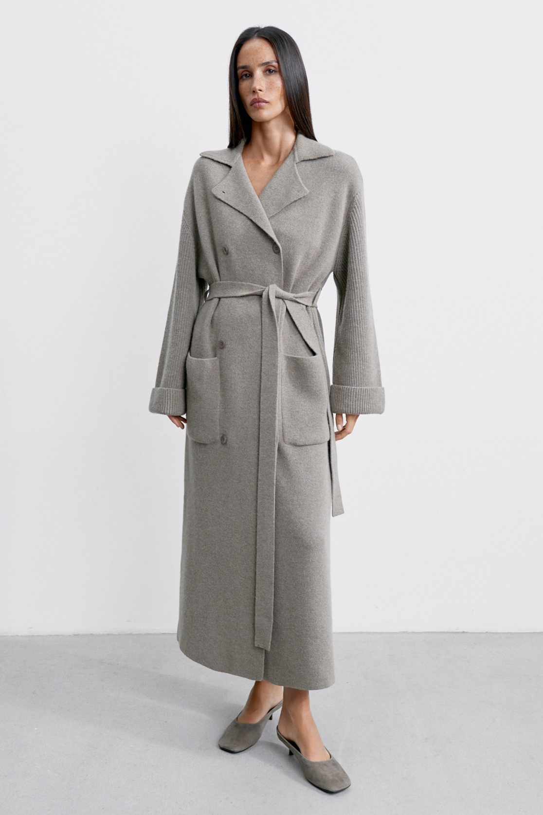 Knitted Blend Notched Lapel Tied Waist Long Overcoat
