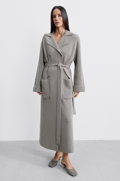 Knitted Blend Notched Lapel Tied Waist Long Overcoat
