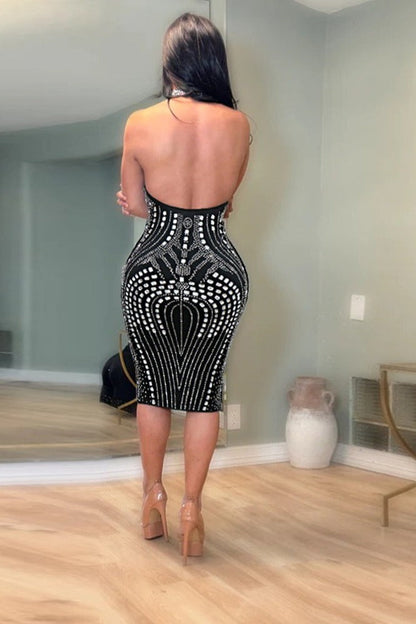 Rhinestone Mesh High Neck Sheer Panel Bodycon Midi Cocktail Dress
