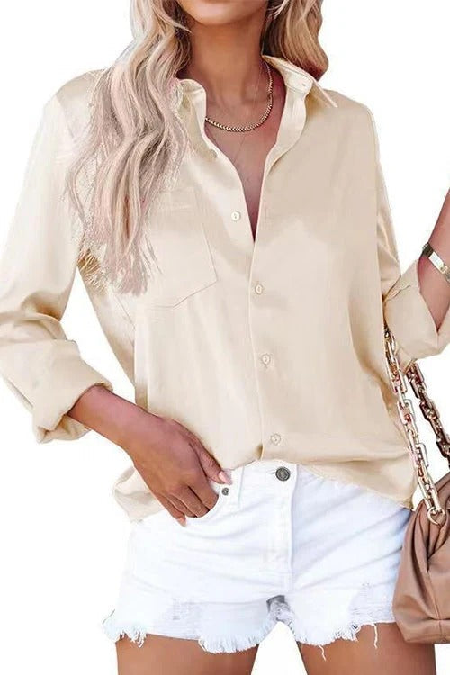 Solid Long Sleeves Button Up Satin Shirt