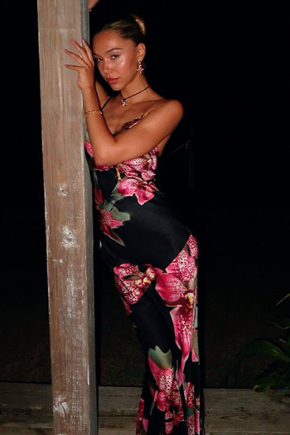 Floral Print Satin Spaghetti Strap Deep V-Neck Lace Trim Slip Maxi Dress