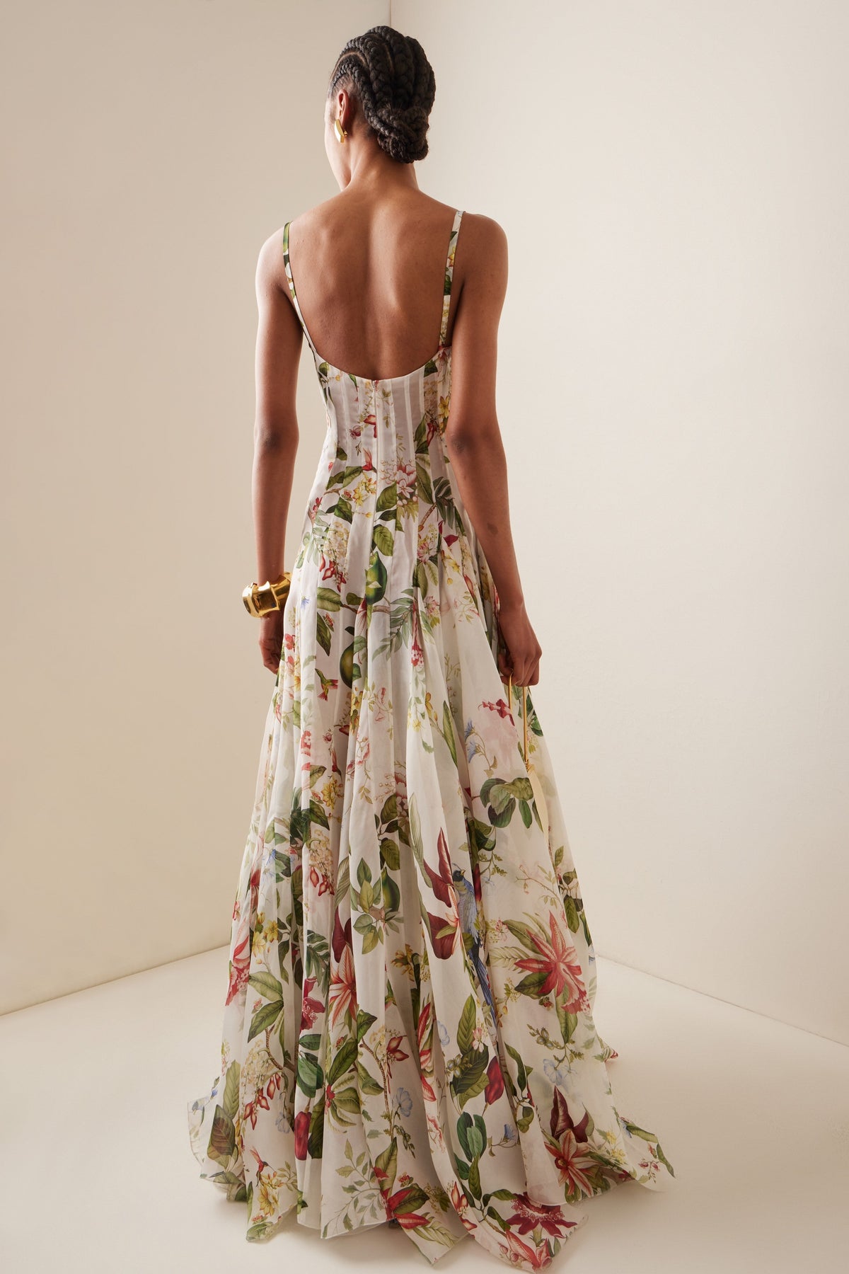 Botanical Fruit Floral Print Corset Bodice Spaghetti Strap Maxi Gown