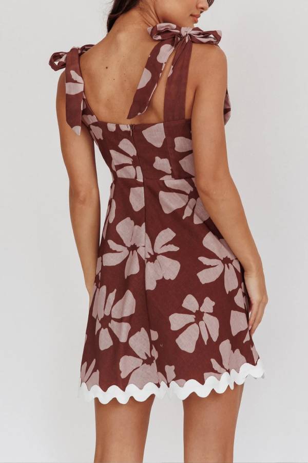 Mykonos Morning Tied Shoulder Mini Dress Floral Brown