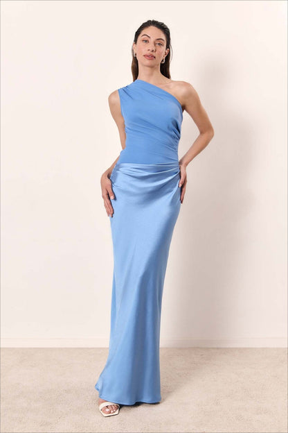 Solid Asymmetric Neckline Sleeveless Formal Dress