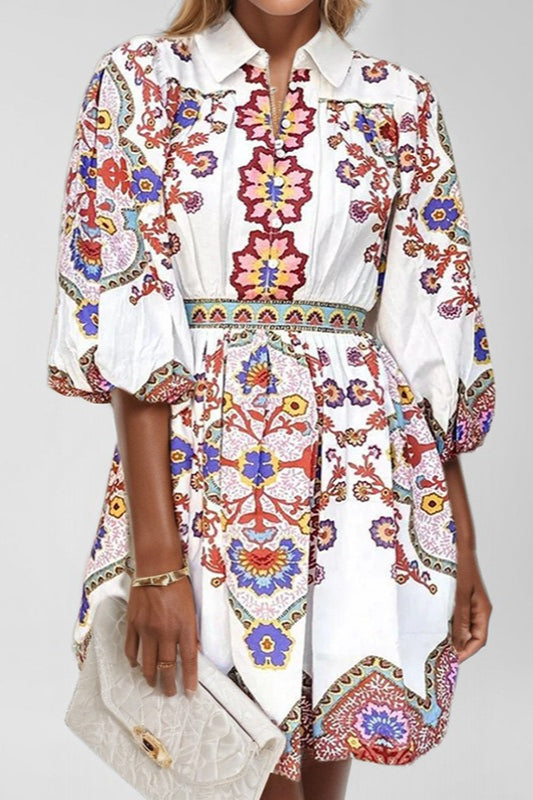 Ethnic Floral Lantern Sleeve Collared Boho Dress