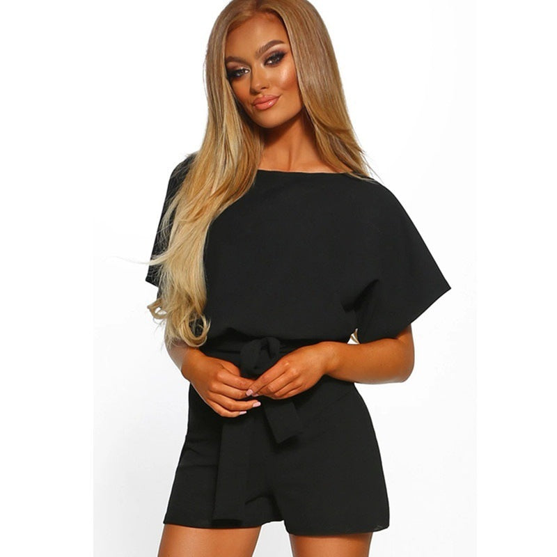 Summer Explosion Color Of Belt Short-sleeved Romper