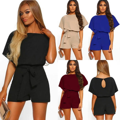 Summer Explosion Color Of Belt Short-sleeved Romper