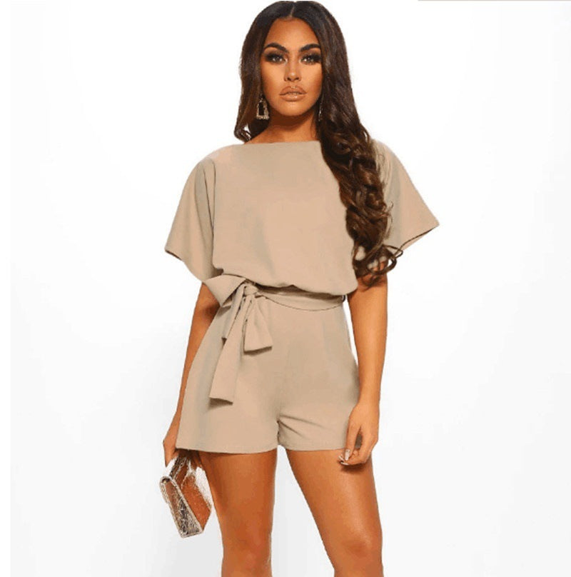 Summer Explosion Color Of Belt Short-sleeved Romper