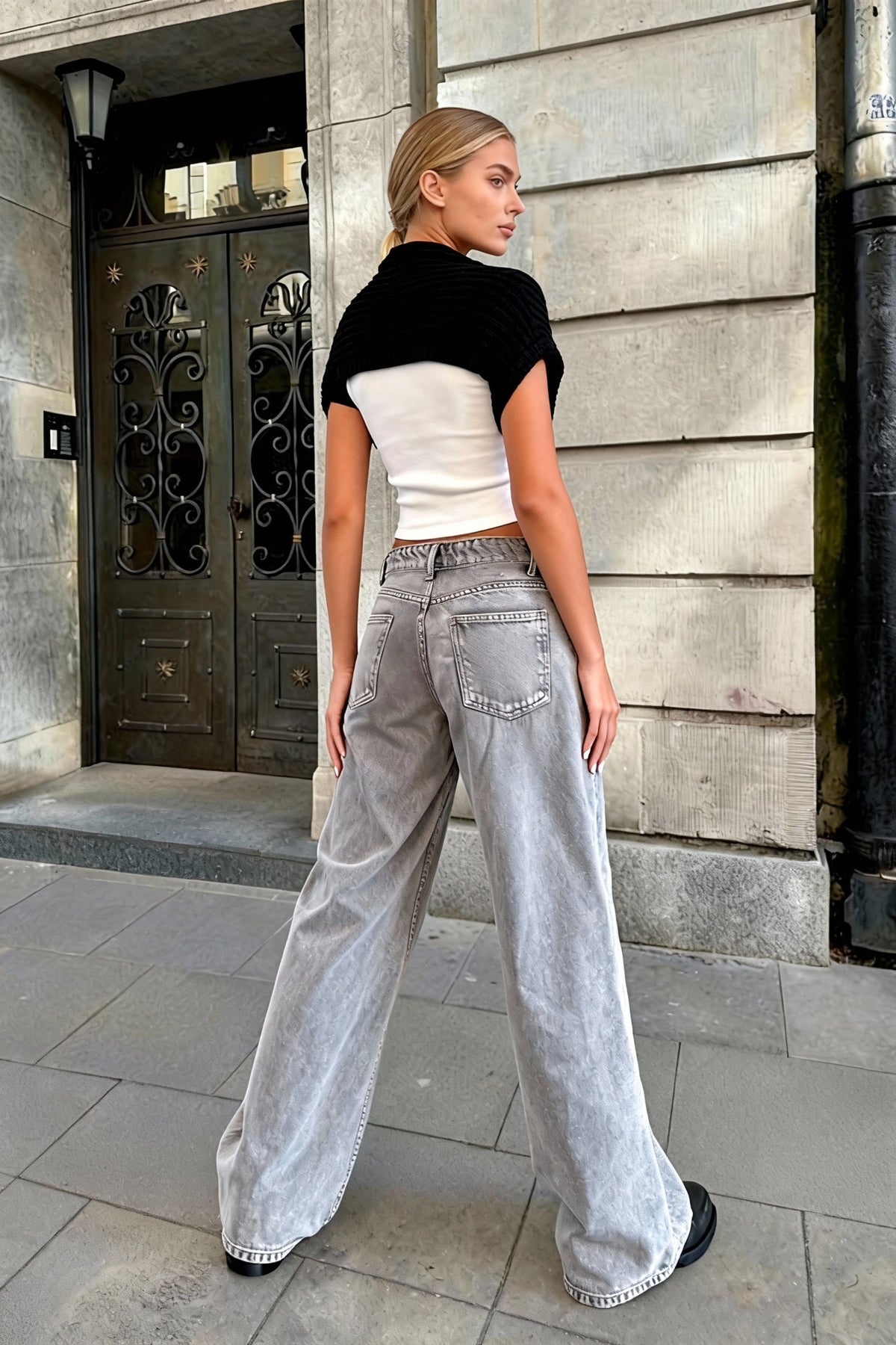 Solid Color Wide Leg Denim Jeans