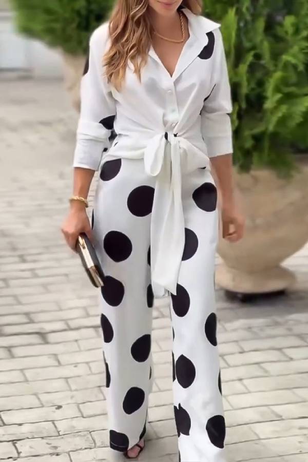 Fashion Lapel Long-sleeved Tie Waist Shirt and Casual Polka Dot Print Wide-leg Pants Set