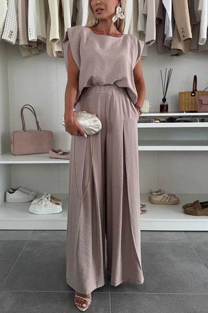 Santie Round Neck Cape Sleeve Loose Top and Elastic Waist Pocket Wide Leg Pants Set