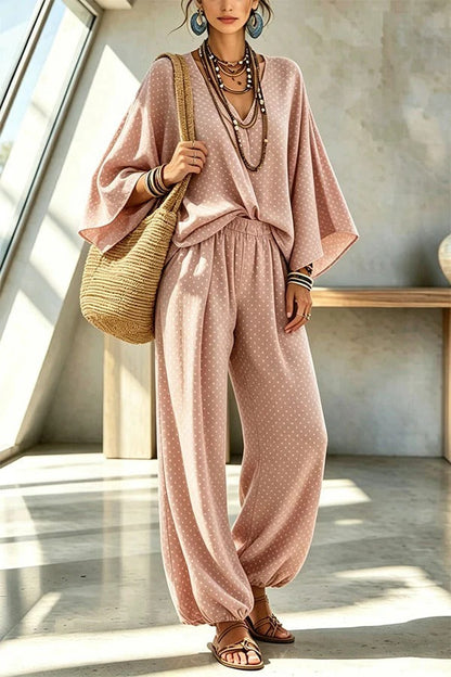 Retro Style Polka Dot Print Batwing Sleeve Top and Elastic Waist Loose Jogger Pants Set