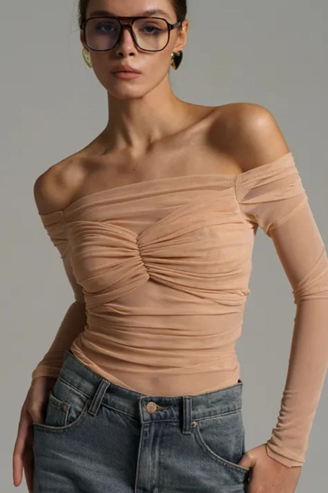 Off Shoulder Sheer Mesh Bodycon Long Sleeve Tee