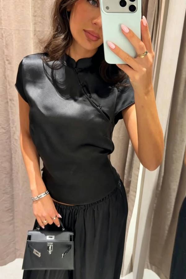 Aurelia Vintage-Inspired Side-Button Mandarin Blouse