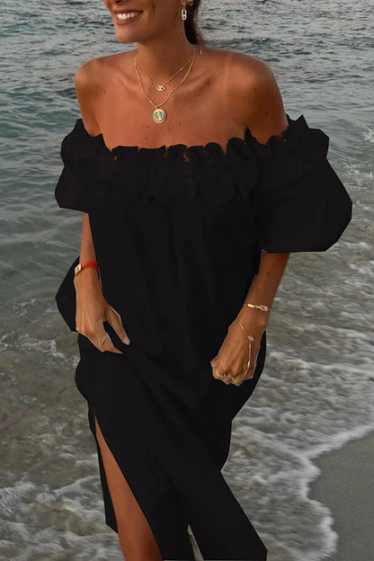 Linen Blend Off Shoulder Ruffle Puff Sleeve Pocketed Midi Dress