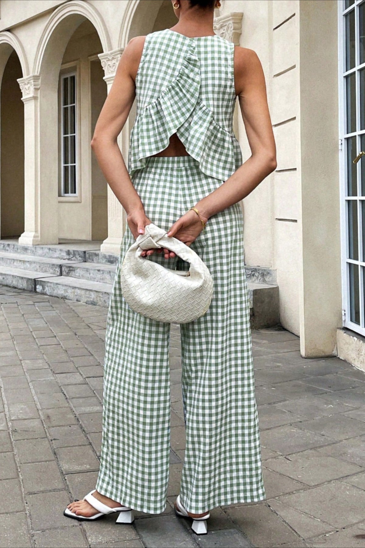 Plaid Ruffle Hem Round Neck Sleeveless Pants Set