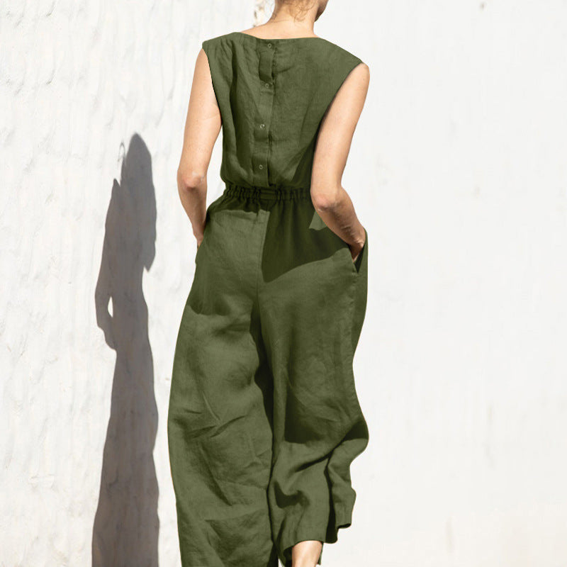 Summer Solid Color High Waist Sleeveless Slimming Trousers Women Casual Loose Jumpsuit