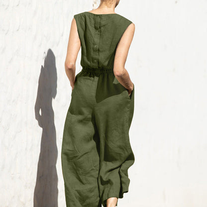 Summer Solid Color High Waist Sleeveless Slimming Trousers Women Casual Loose Jumpsuit