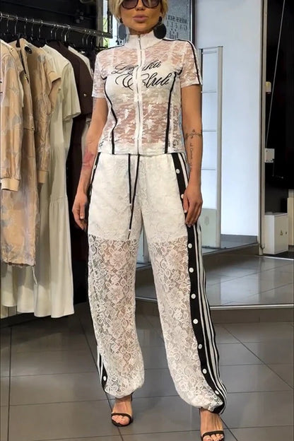 Khloe Lace Striped Patchwork High Neck Zip-Up Top and Elastic Waist Pocket Side Button Pants Set