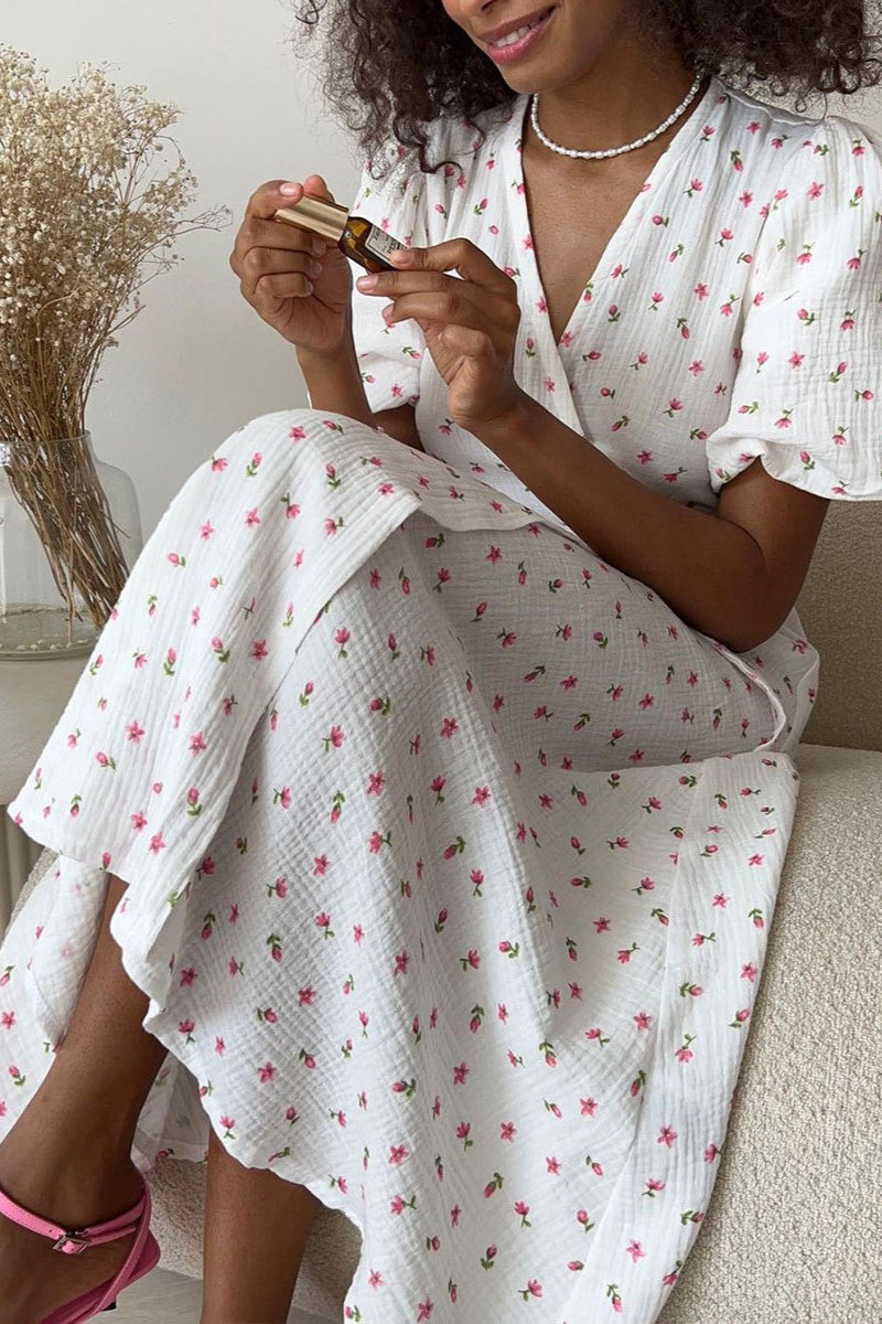 Cotton Printed V Neck Puff Sleeve Floral Dress