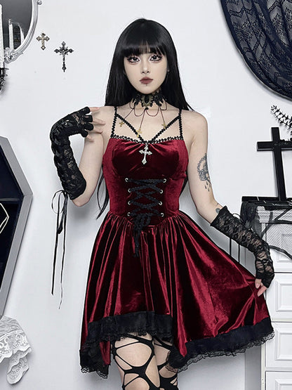 Velvet Lace Up Corset Scalloped Lace Trim Fit and Flare Mini Dress