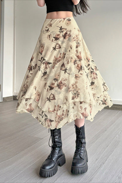 Floral Ruffle Asymmetric Sheer Mesh Vacation Maxi Skirt